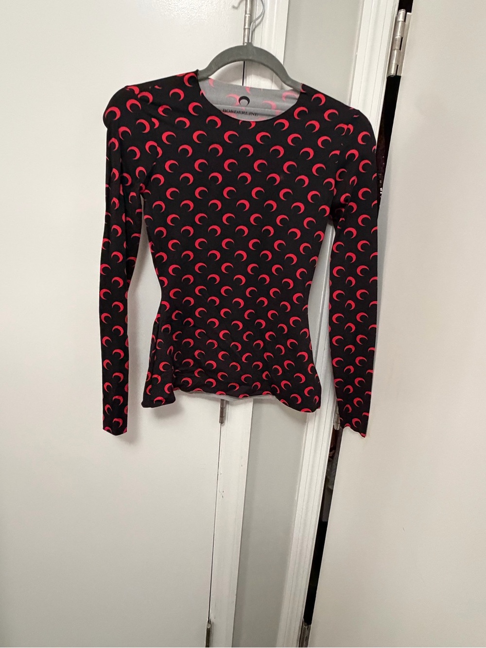 Marine Serre Black Long Sleeve Tee with Red Crescent Motif runs small